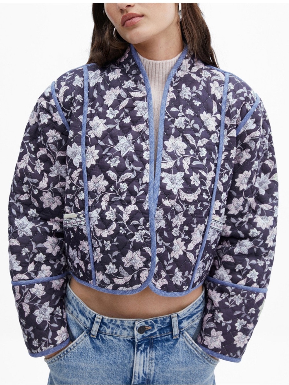 Mango Quilted Floral Cropped Jacket in Purple and Light Blue